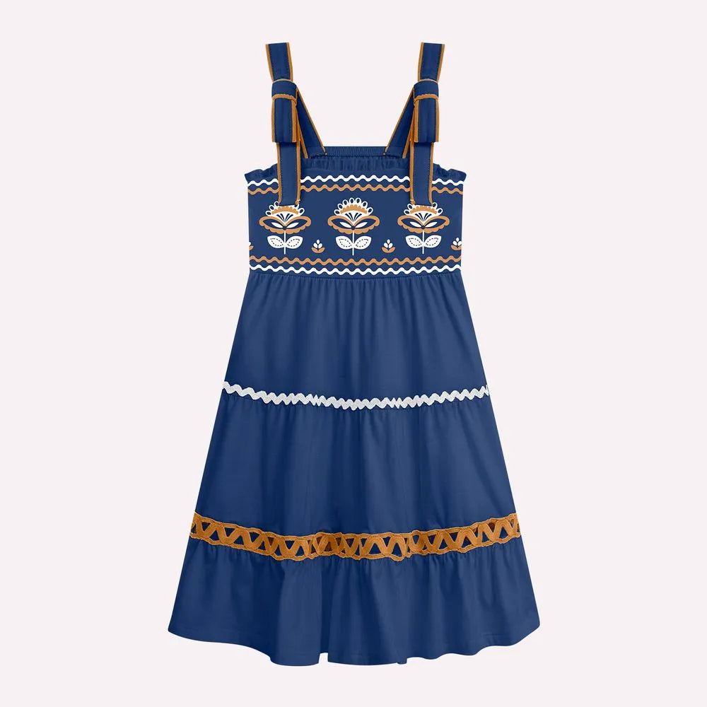 Vestido Nanai Azul - Bordados Flores